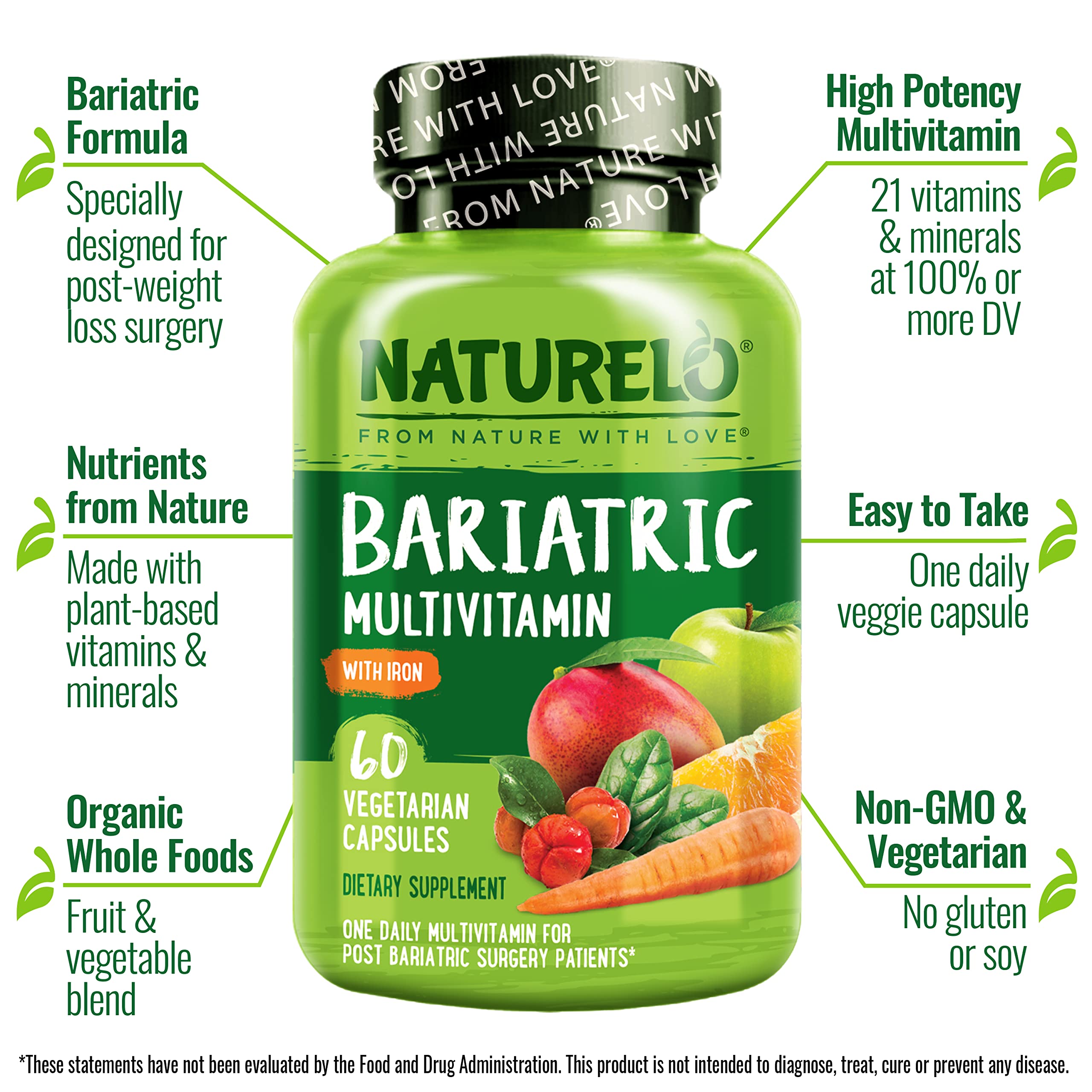 Naturelo Bariatric Multivitamin bottle back label with supplement facts for post-op