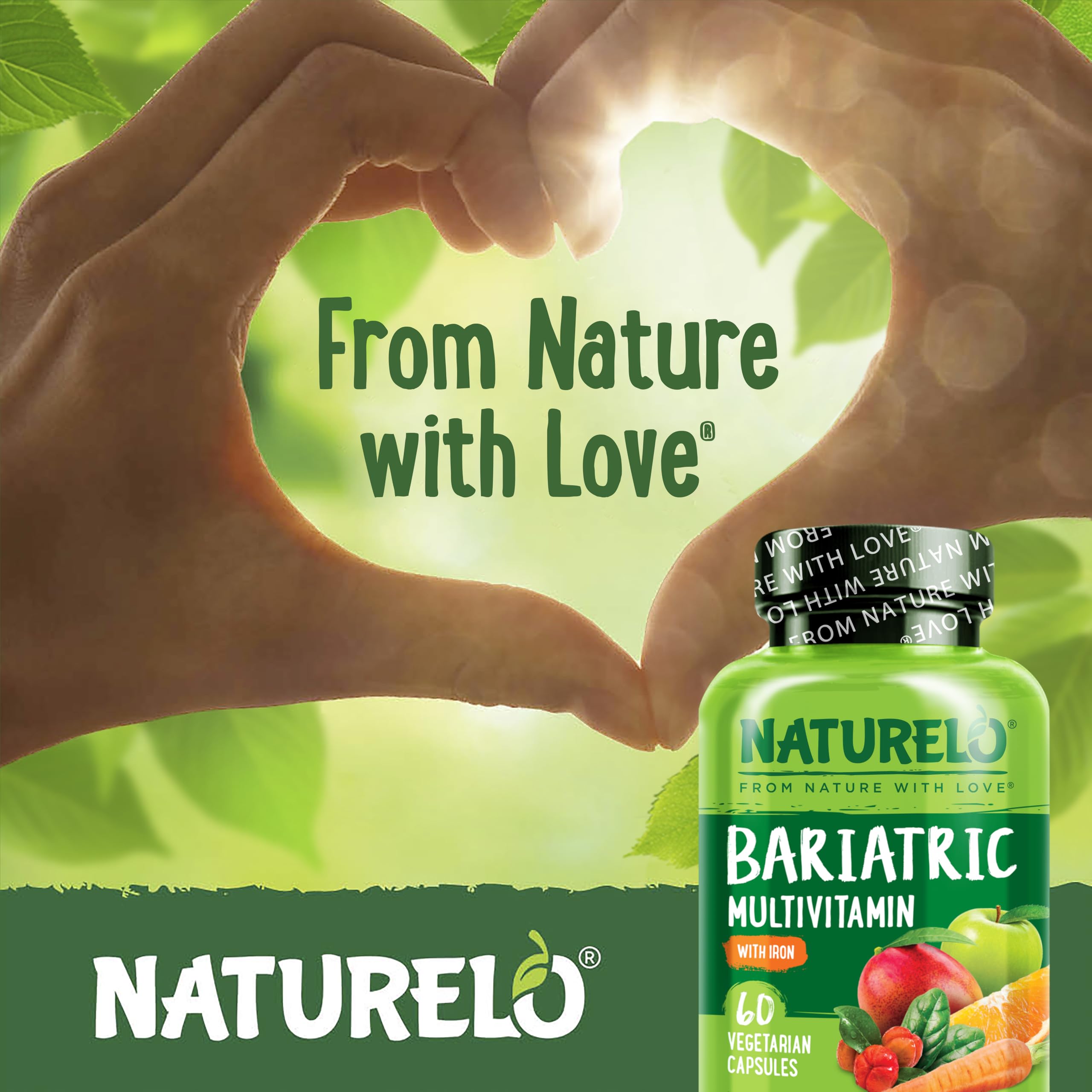 Naturelo Bariatric Multivitamin packaging highlighting non-GMO and vegetarian formula