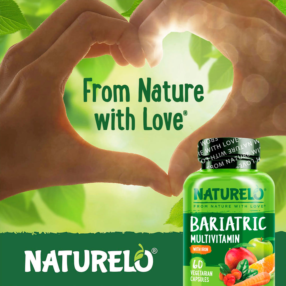 Naturelo Bariatric Multivitamin packaging highlighting non-GMO and vegetarian formula