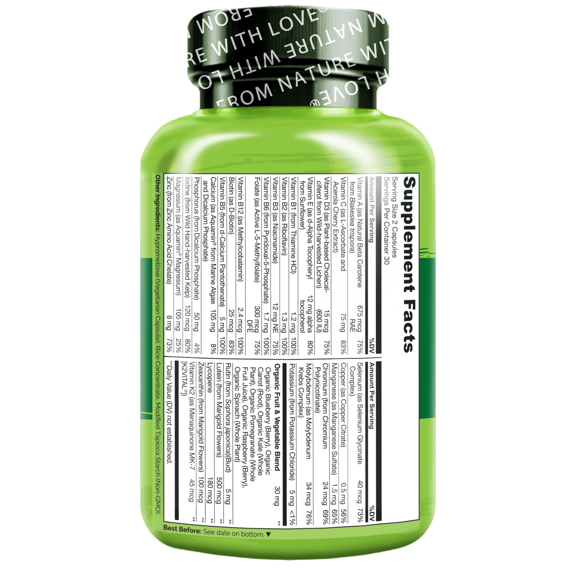 Naturelo bottle with glass shows premium packaging designed for active families
