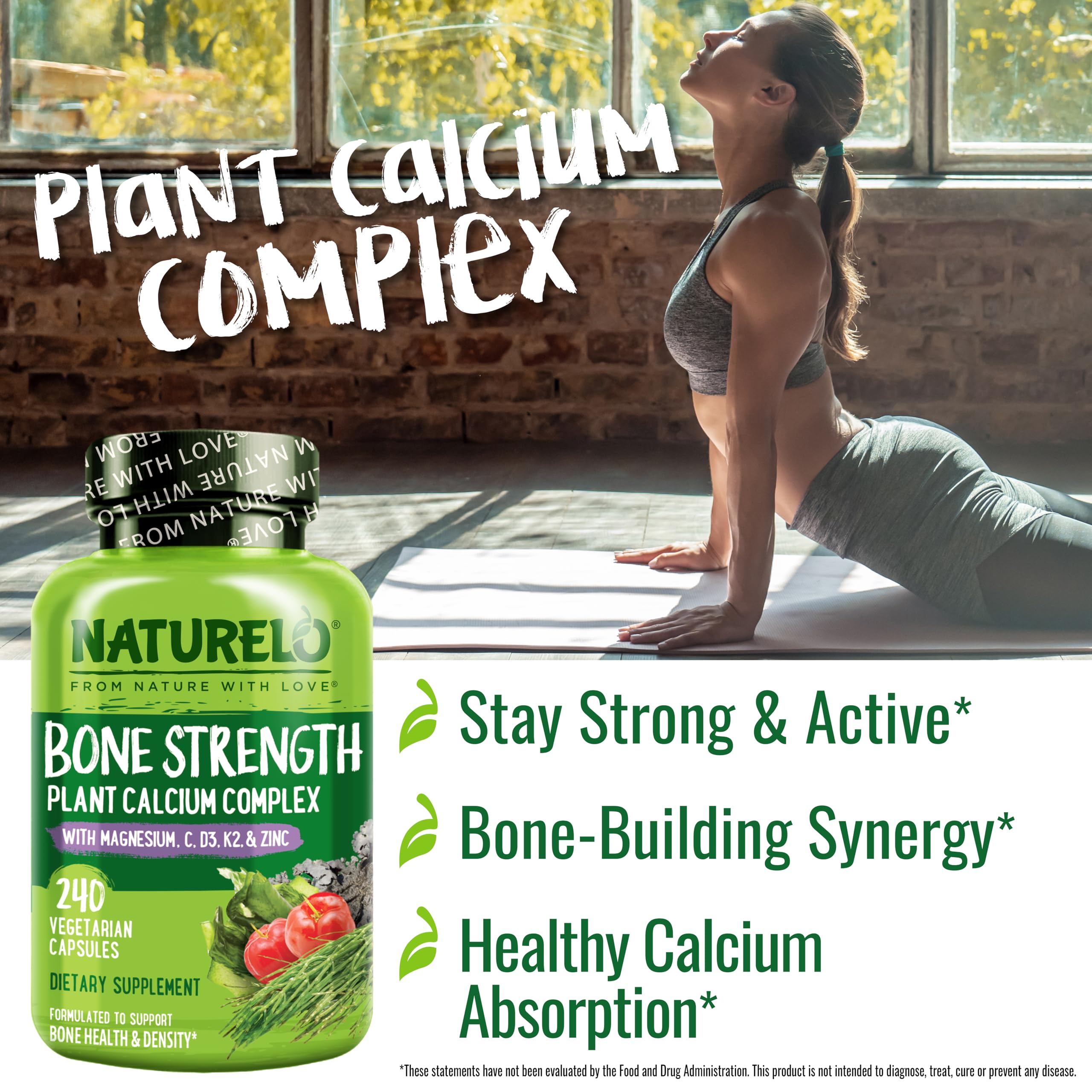 NATURELO calcium capsules closeup demonstrates easy-to-swallow daily capsules.