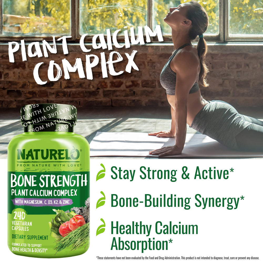 NATURELO calcium capsules closeup demonstrates easy-to-swallow daily capsules.