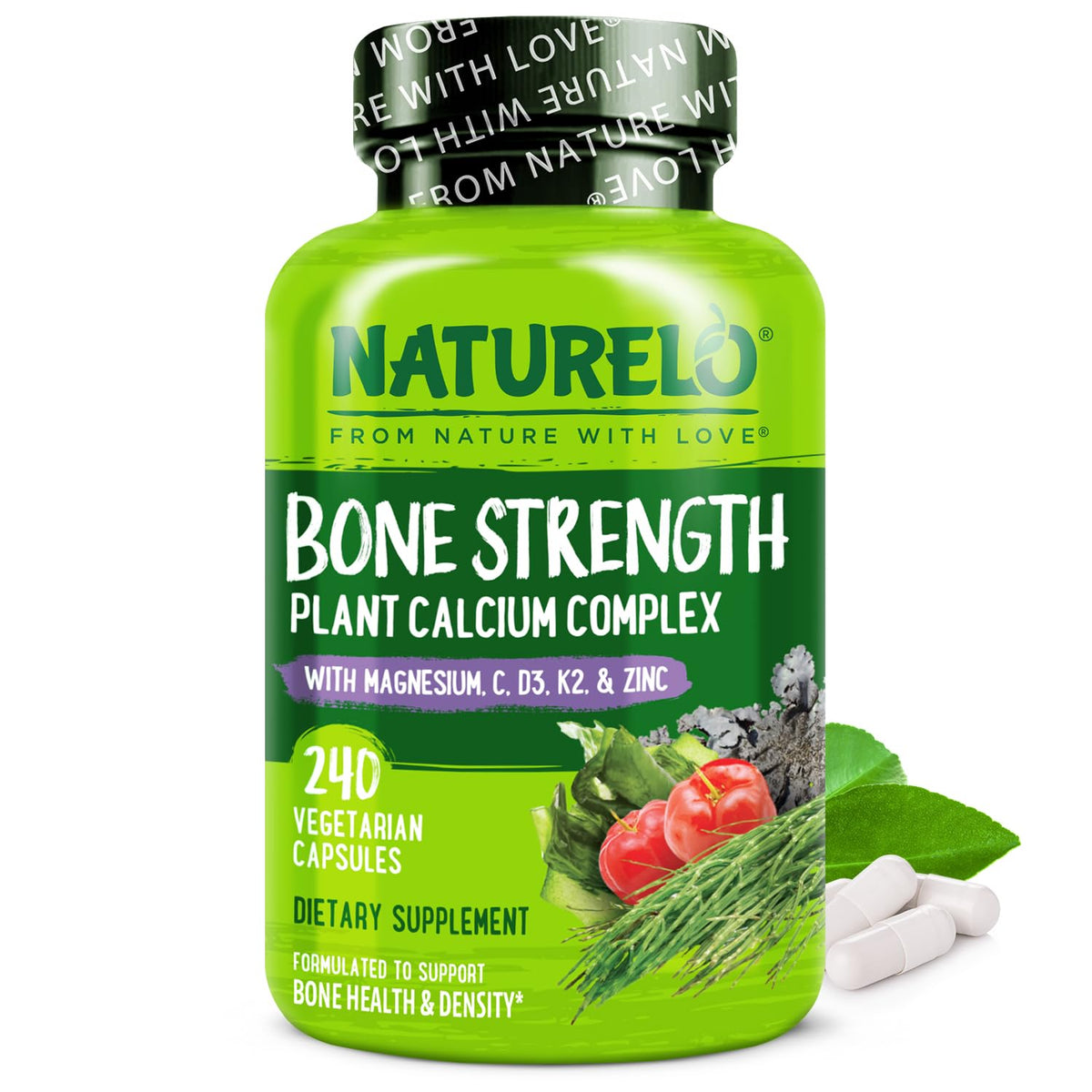 NATURELO calcium supplement bottle highlights plant-based calcium for bone support.