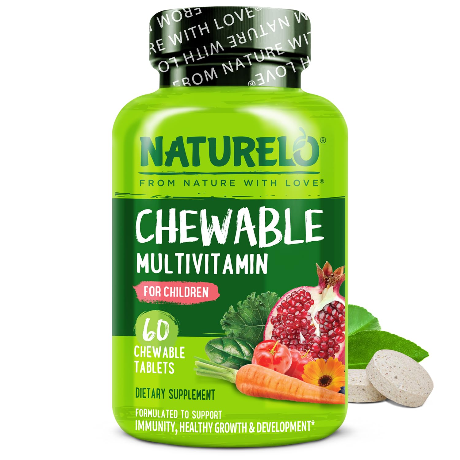 Naturelo chewable kids multivitamin bottle front for easy daily use.