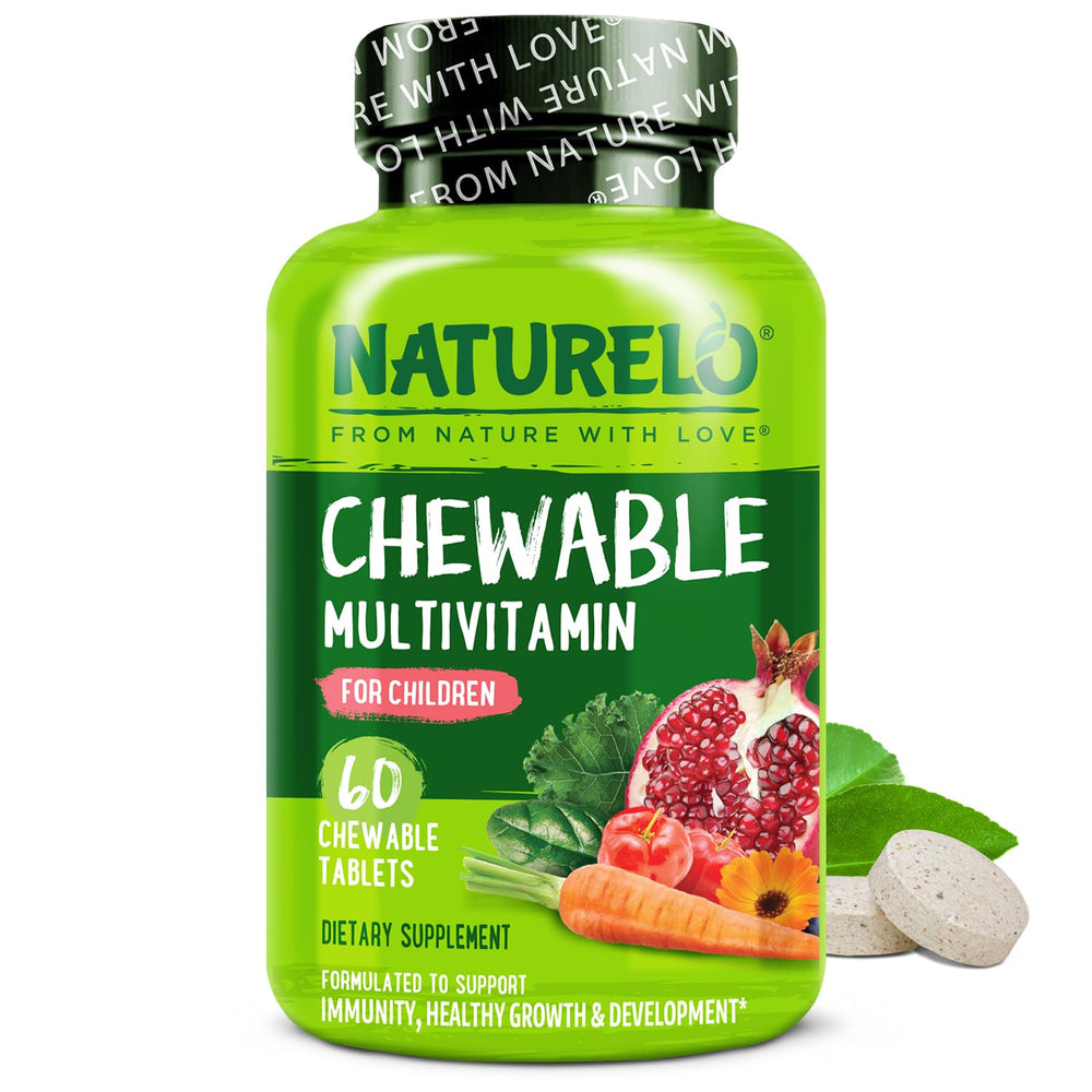 Naturelo chewable kids multivitamin bottle front for easy daily use.