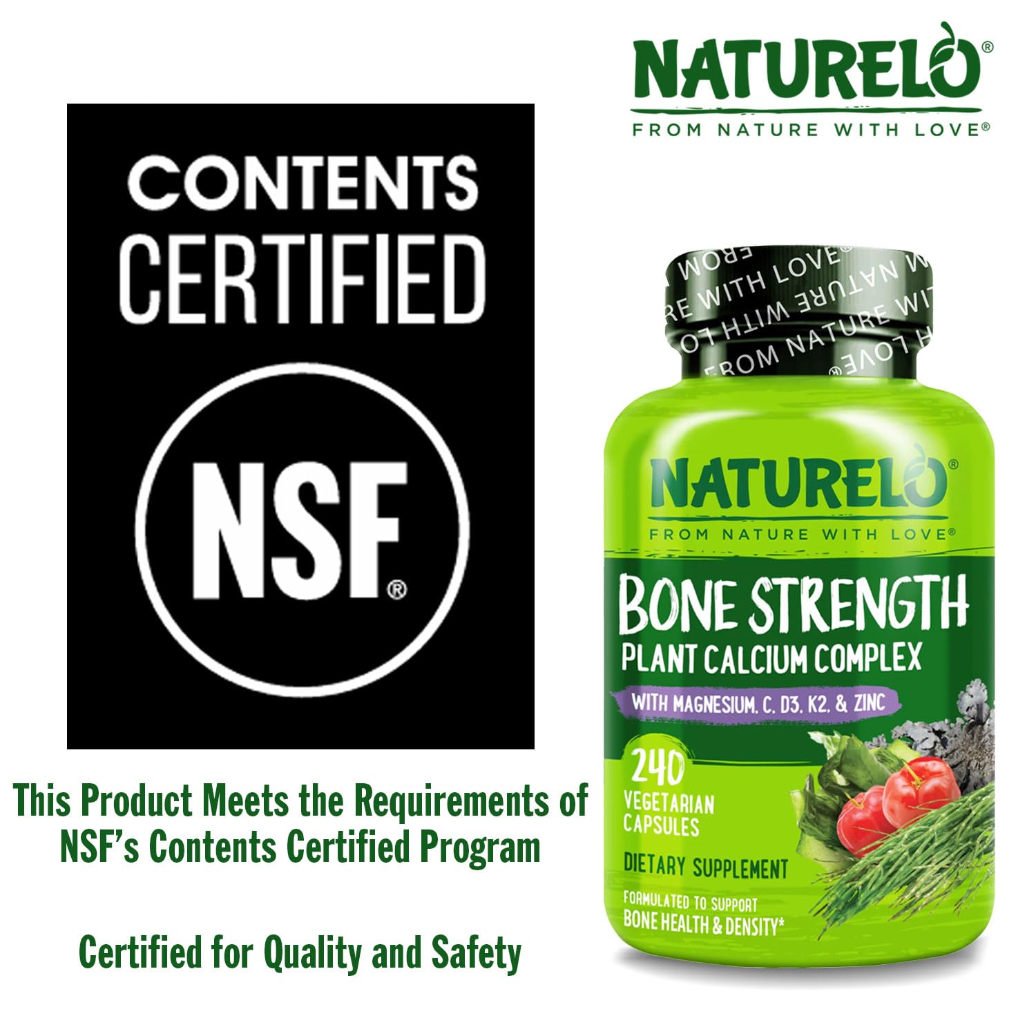 NATURELO vitamin-enriched calcium product shows D3 and K2 for absorption.