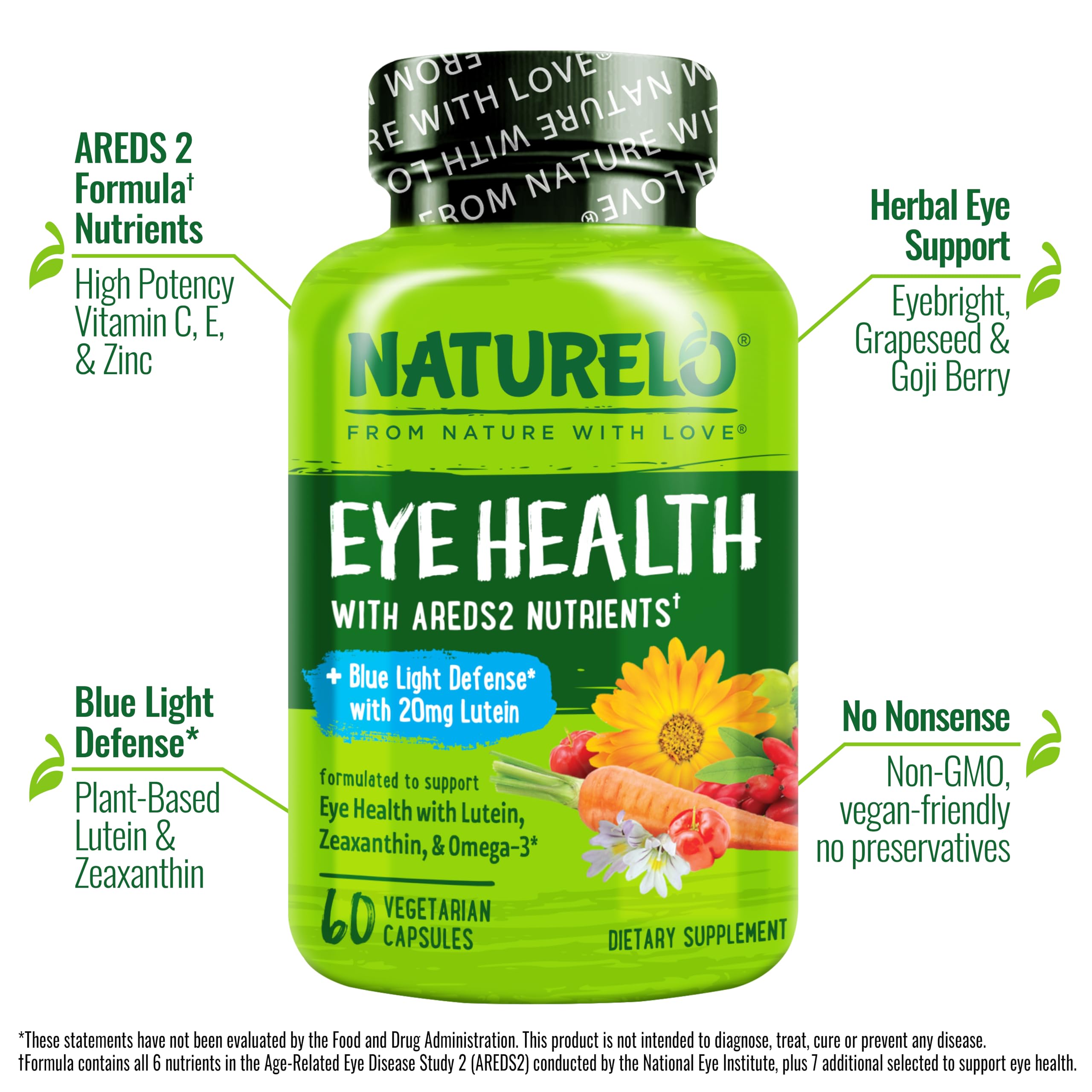 Naturelo AREDS2 capsules close-up showing plant-based nutrients