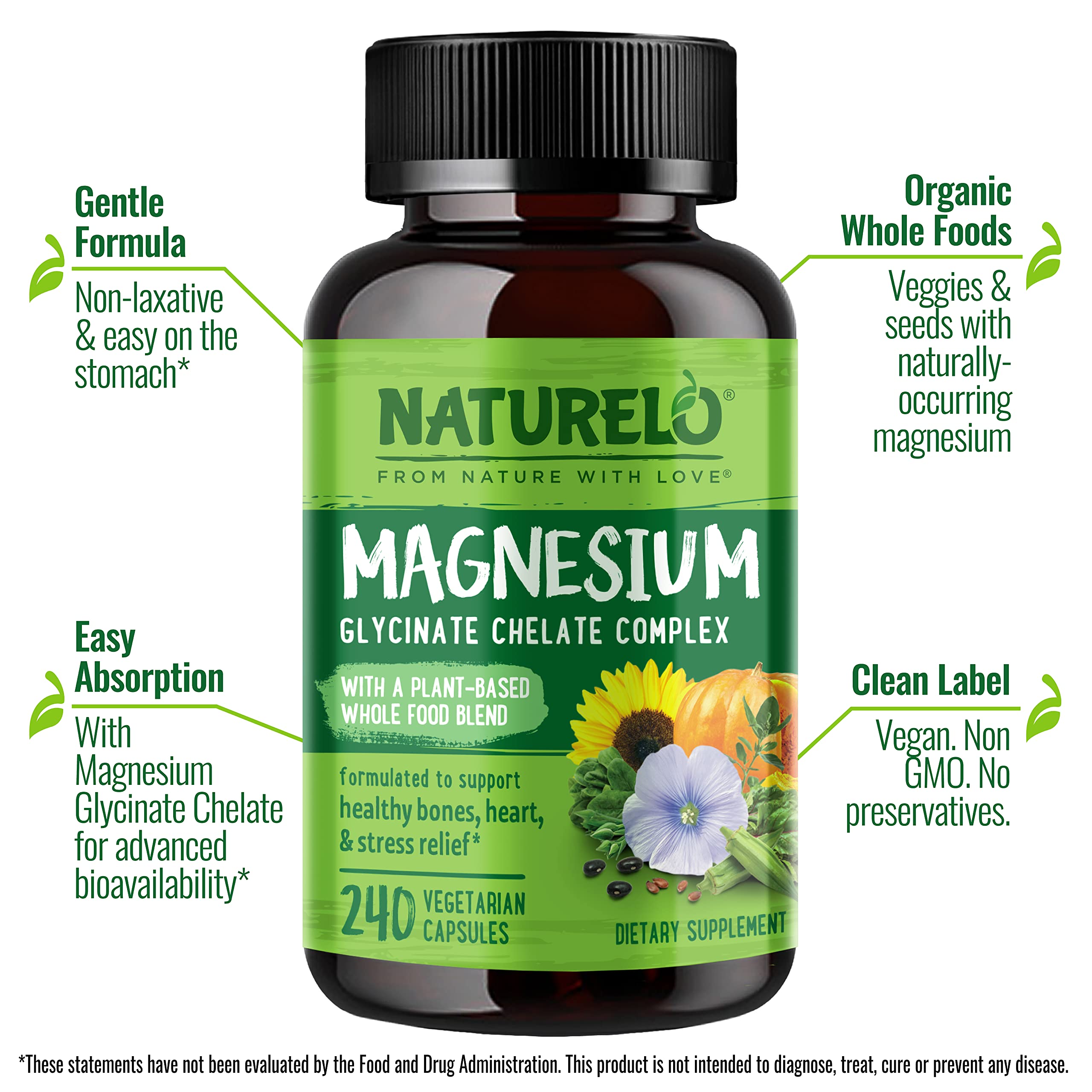 Naturelo magnesium glycinate capsules close-up showing gentle absorption.