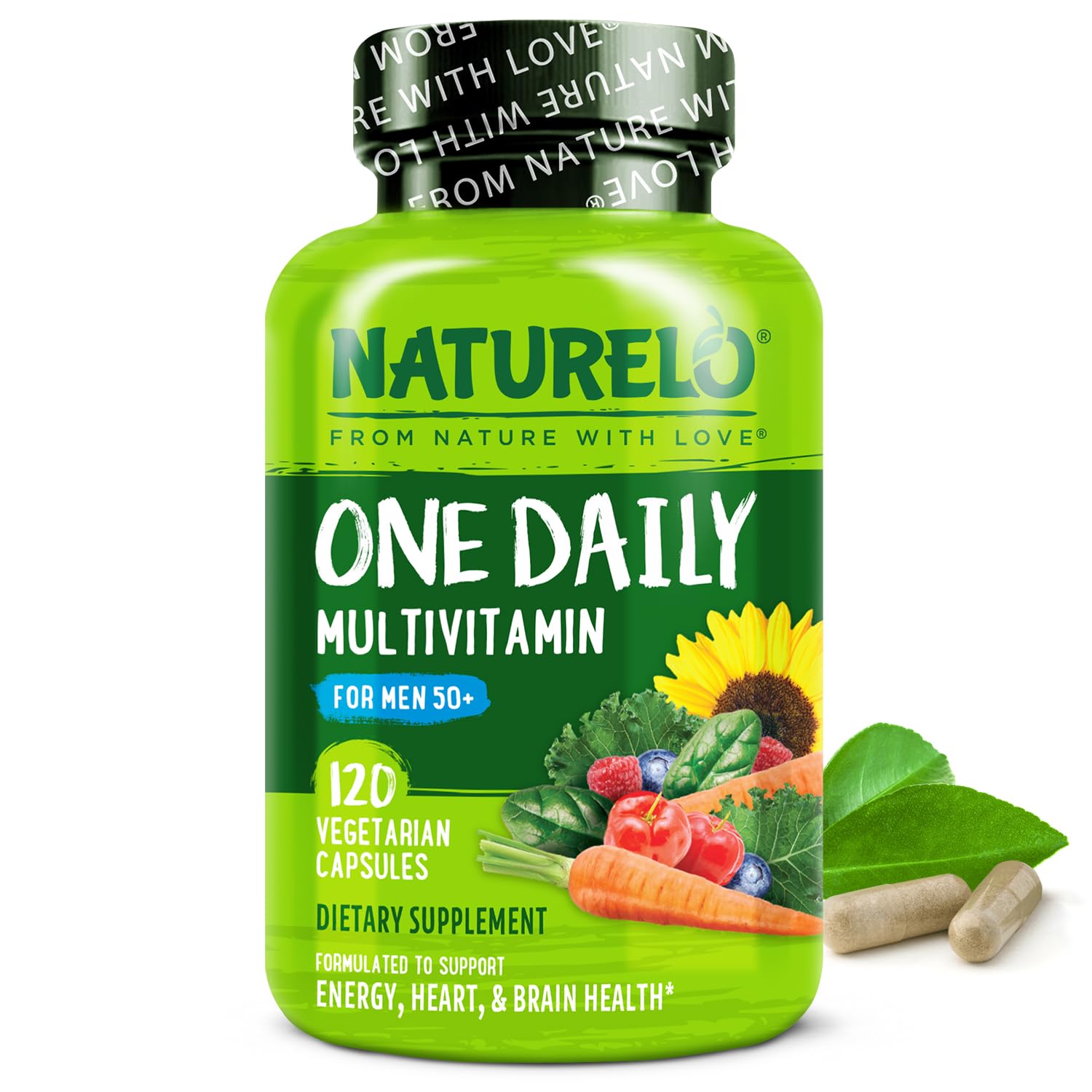 NATURELO Men's Multivitamin 50+ bottle promotes daily vitality with plant-based nutrients