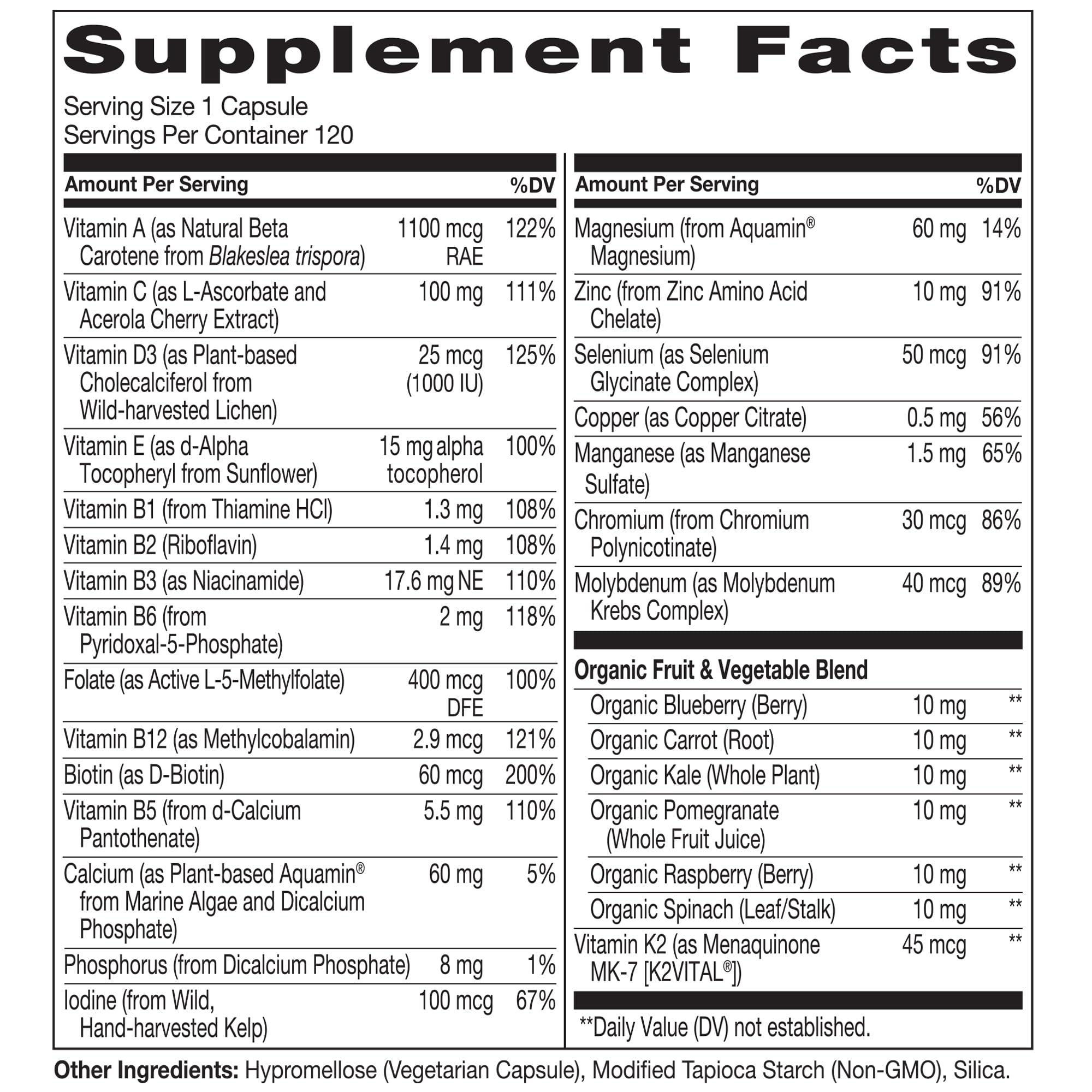 NATURELO label close-up shows 23 essential vitamins and minerals at a glance