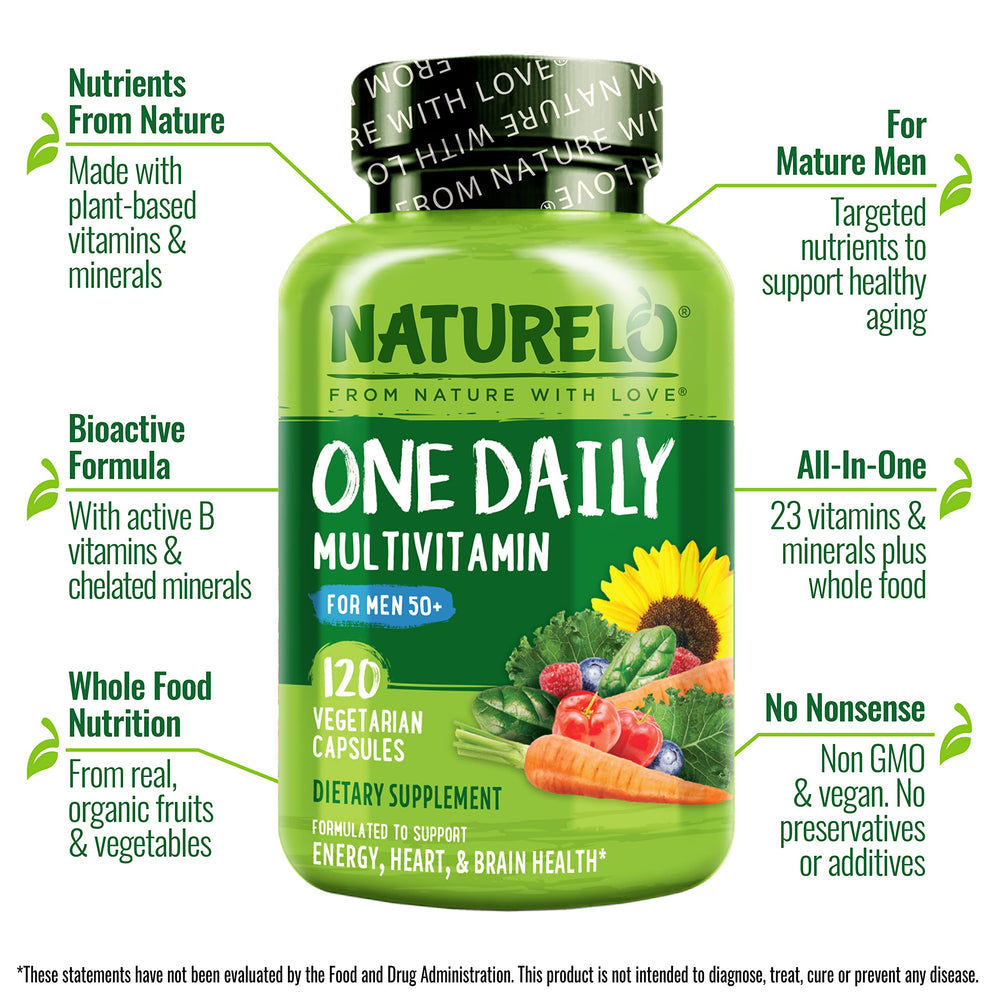 NATURELO organic ingredients graphic suggests organic fruits and vegetables