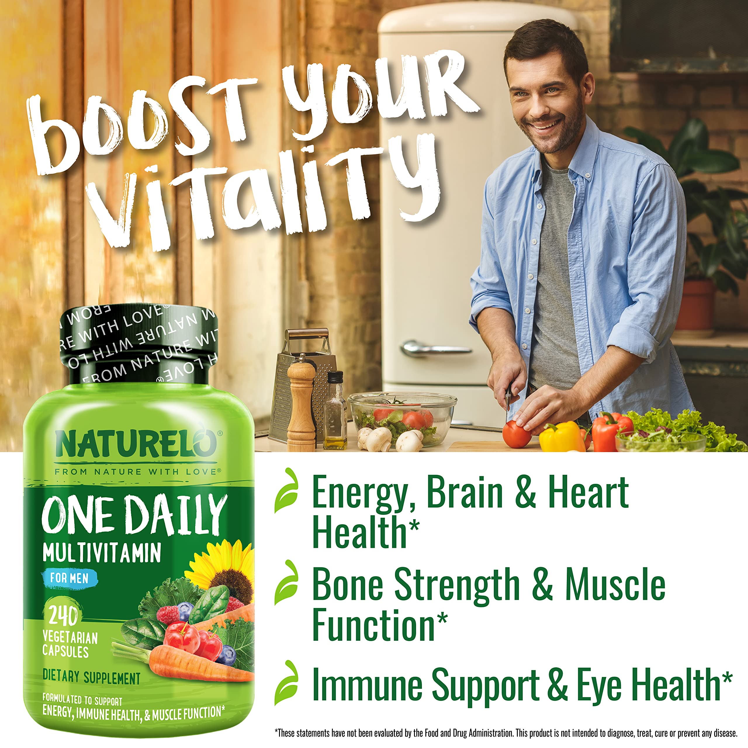 Naturelo Mens Multivitamins bottle closeup highlighting plant-based vitamin sources.