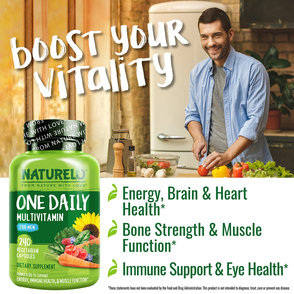 Naturelo Mens Multivitamins bottle closeup highlighting plant-based vitamin sources.