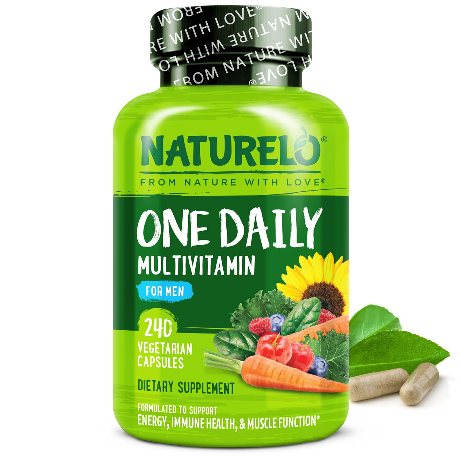 Naturelo Mens Multivitamins bottle front, a daily nutrition staple for active men.