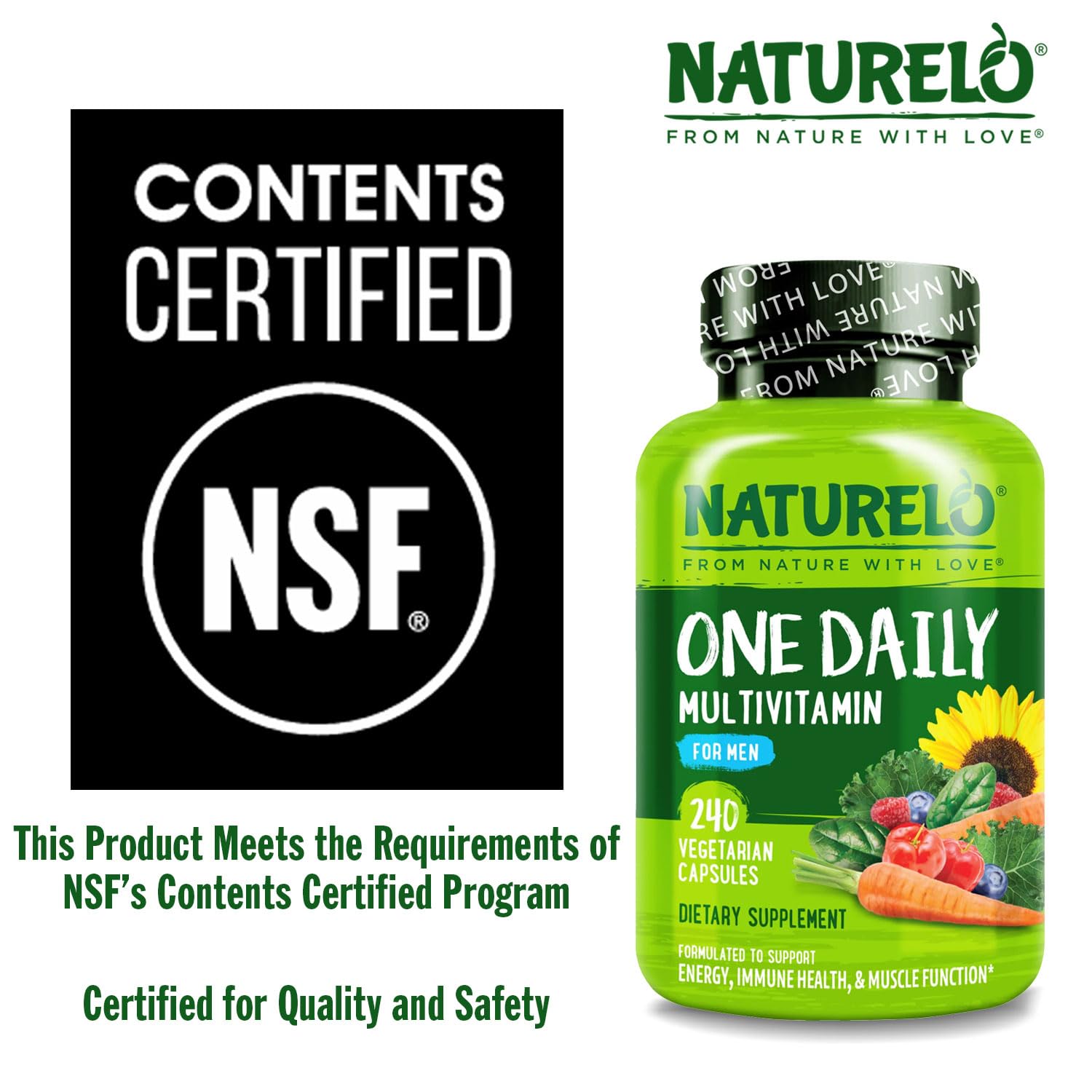 Naturelo Multivitamin label detail showing D3 from lichen and E from sunflower.