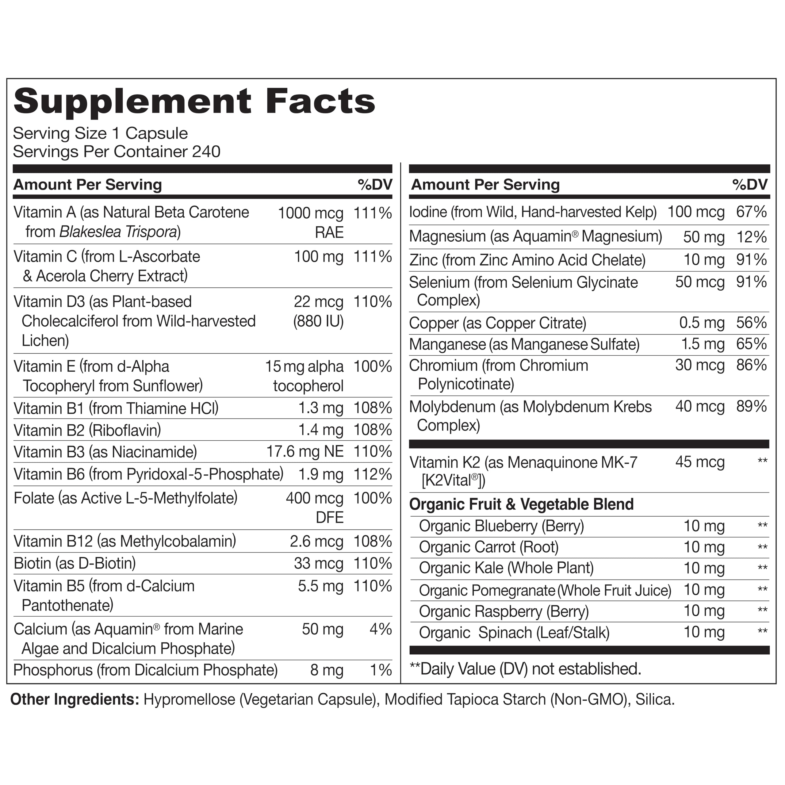 Naturelo Multivitamins capsules, vegetarian formula for easy daily intake.