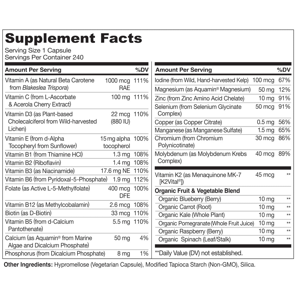 Naturelo Multivitamins capsules, vegetarian formula for easy daily intake.