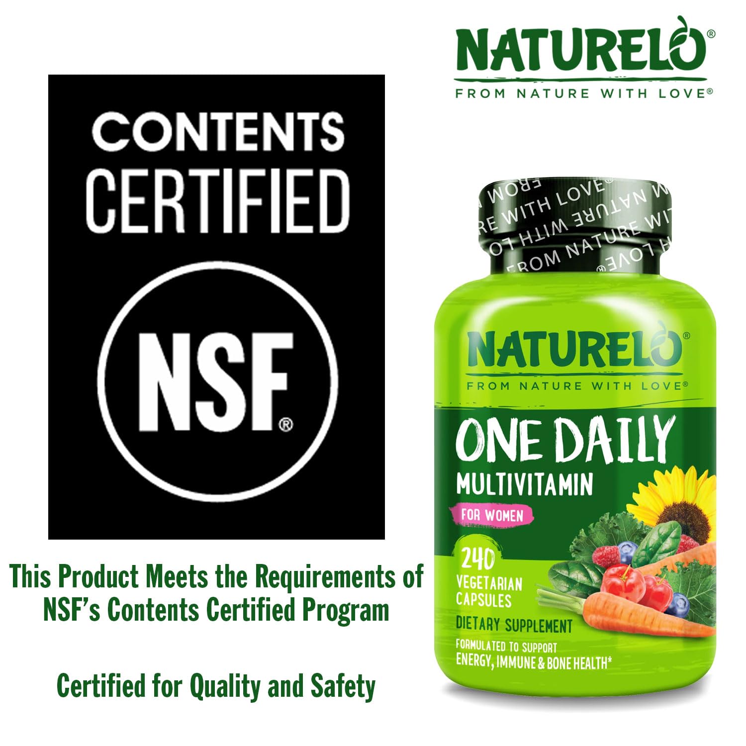Naturelo One Daily Women vegan nutrients illustration — plant-based nutrition at a glance.