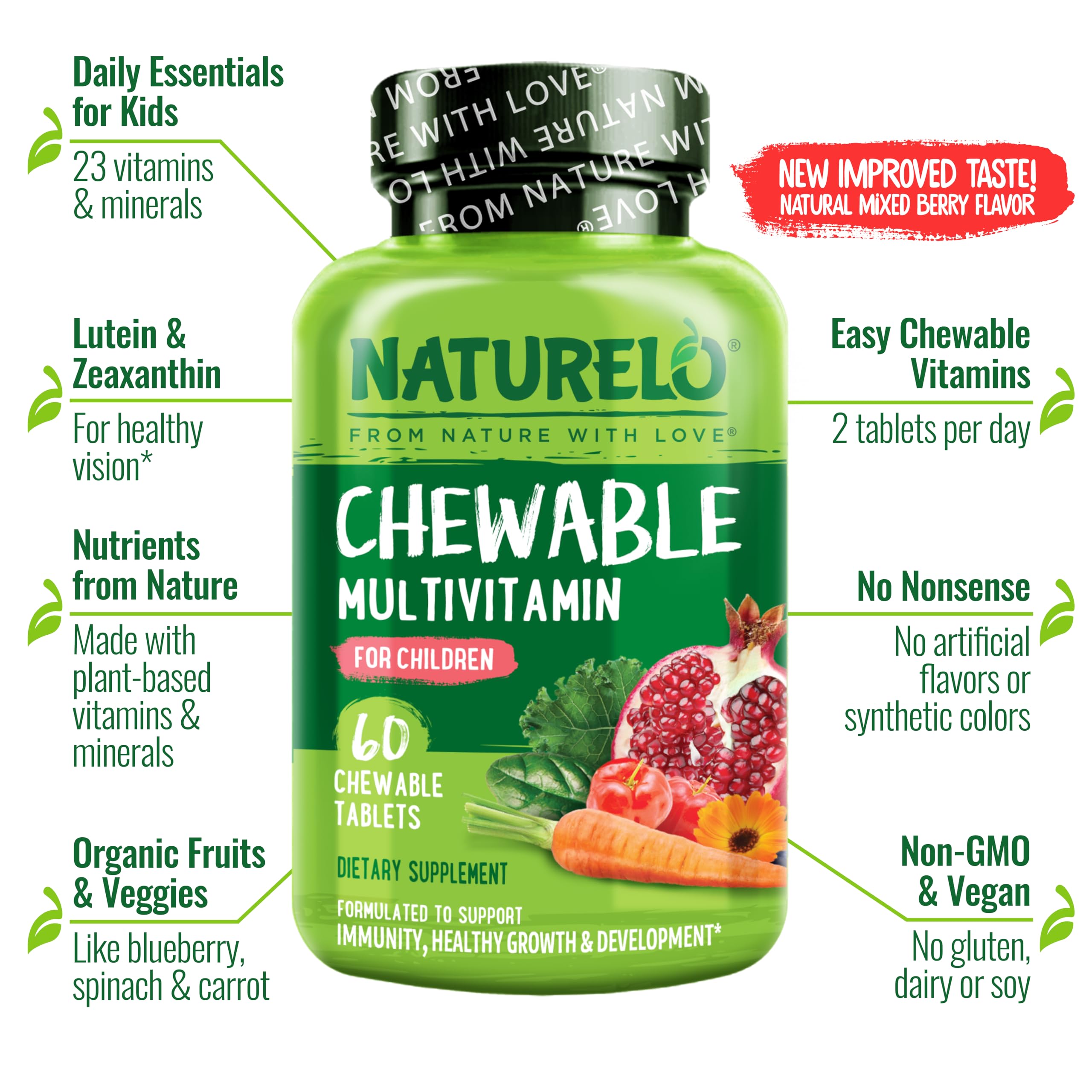 Naturelo organic fruits and veggies blend image emphasizing whole-food nutrition.