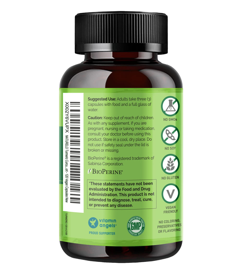 Naturelo organic turmeric and ginger imagery on packaging emphasizing natural origins