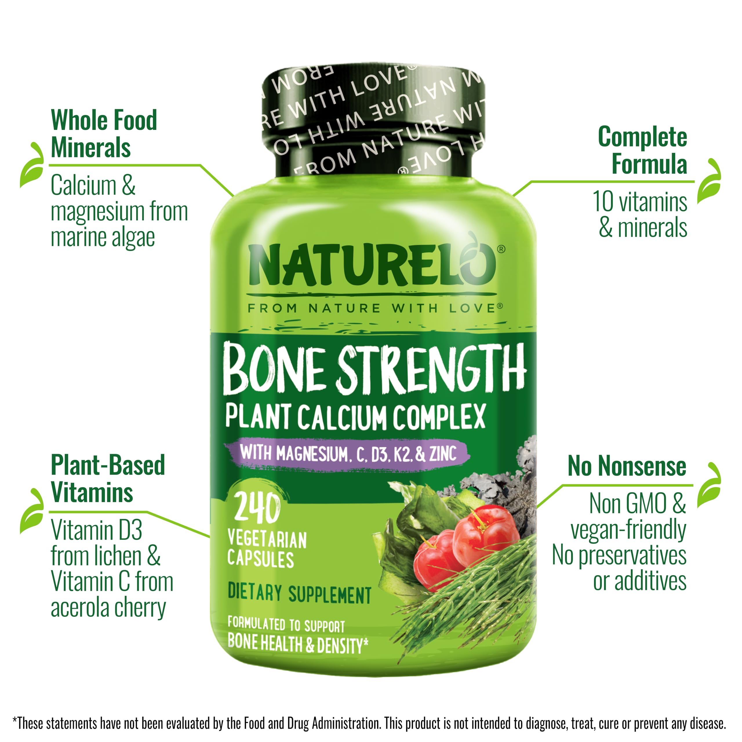 NATURELO plant-based calcium source from marine algae highlighted on label.