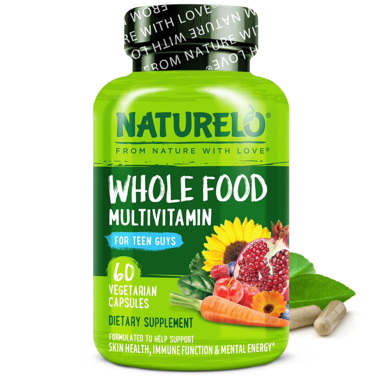 NATURELO Teen Multivitamin bottle front shows plant-based nutrition for active teens