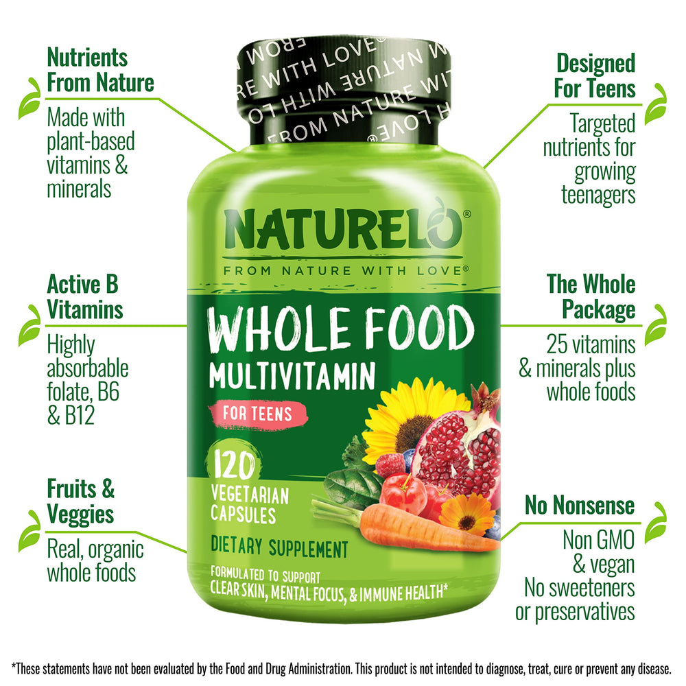 Closeup of NATURELO teen multivitamin capsules for growing teens