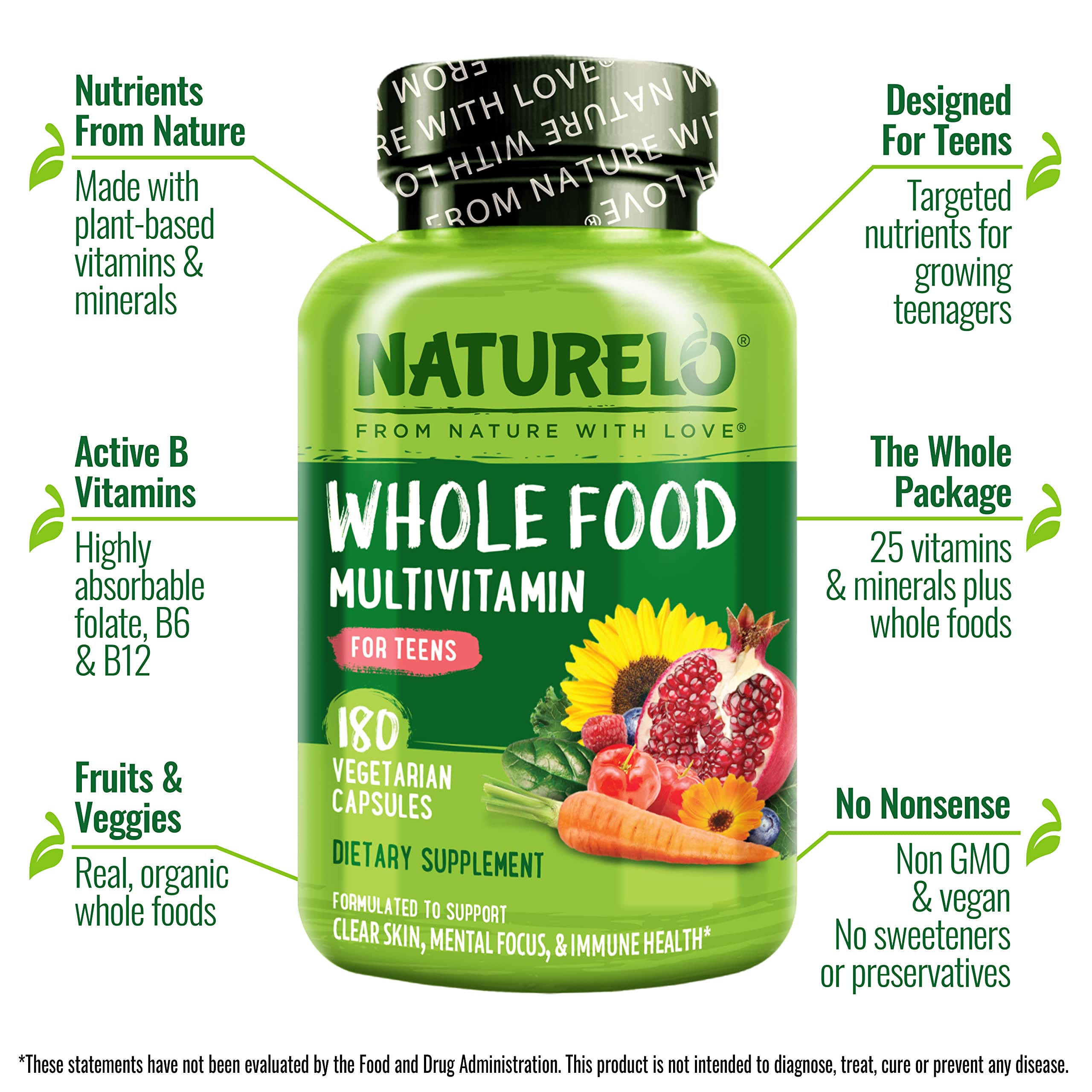 Naturelo Teen Multivitamins bottle back label highlights non-GMO vegan formula.