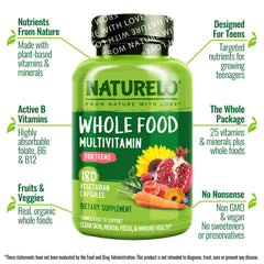 Naturelo Teen Multivitamins bottle back label highlights non-GMO vegan formula.