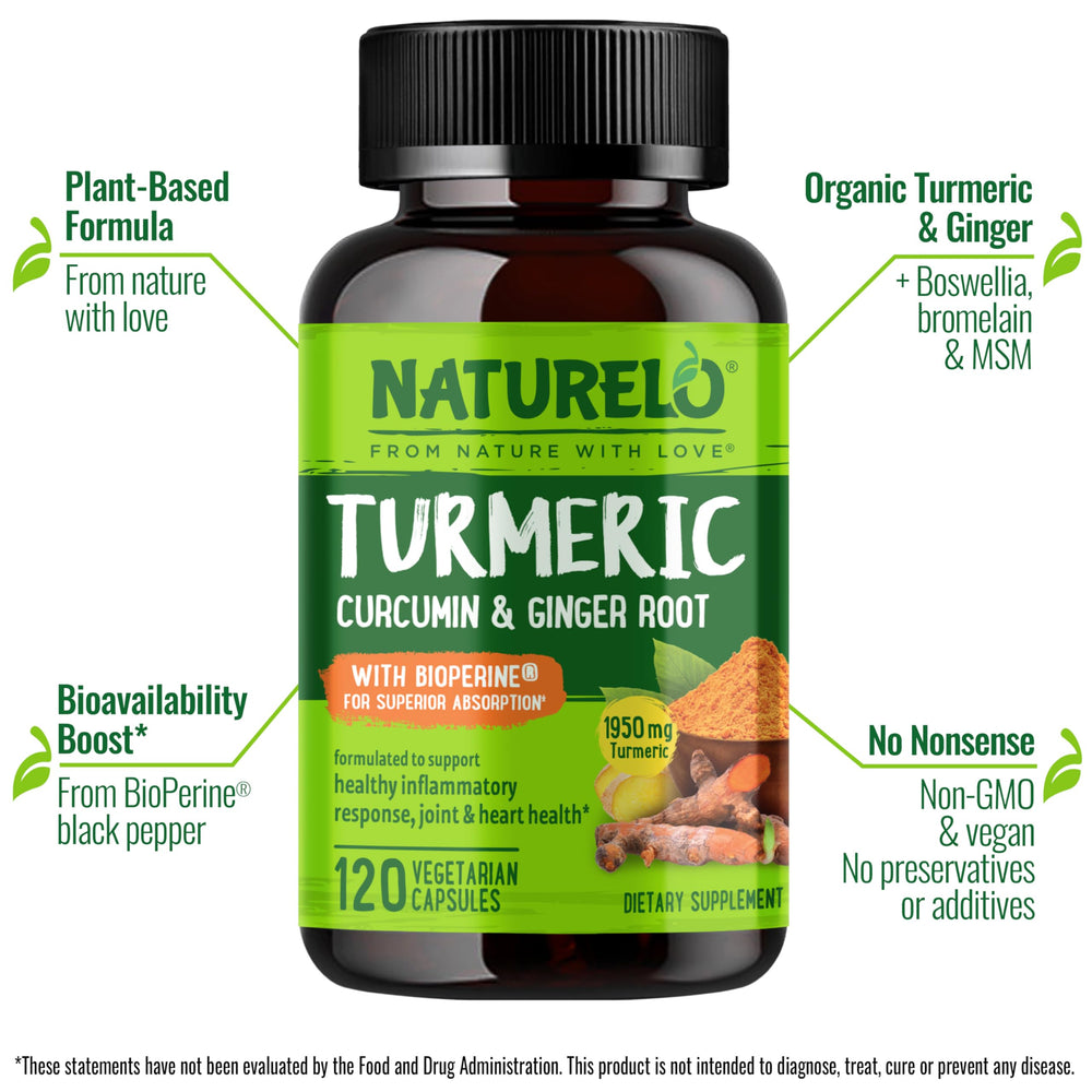Naturelo Turmeric Curcumin bottle back label with supplement facts and usage notes for guidance