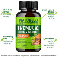 Naturelo Turmeric Curcumin bottle back label with supplement facts and usage notes for guidance