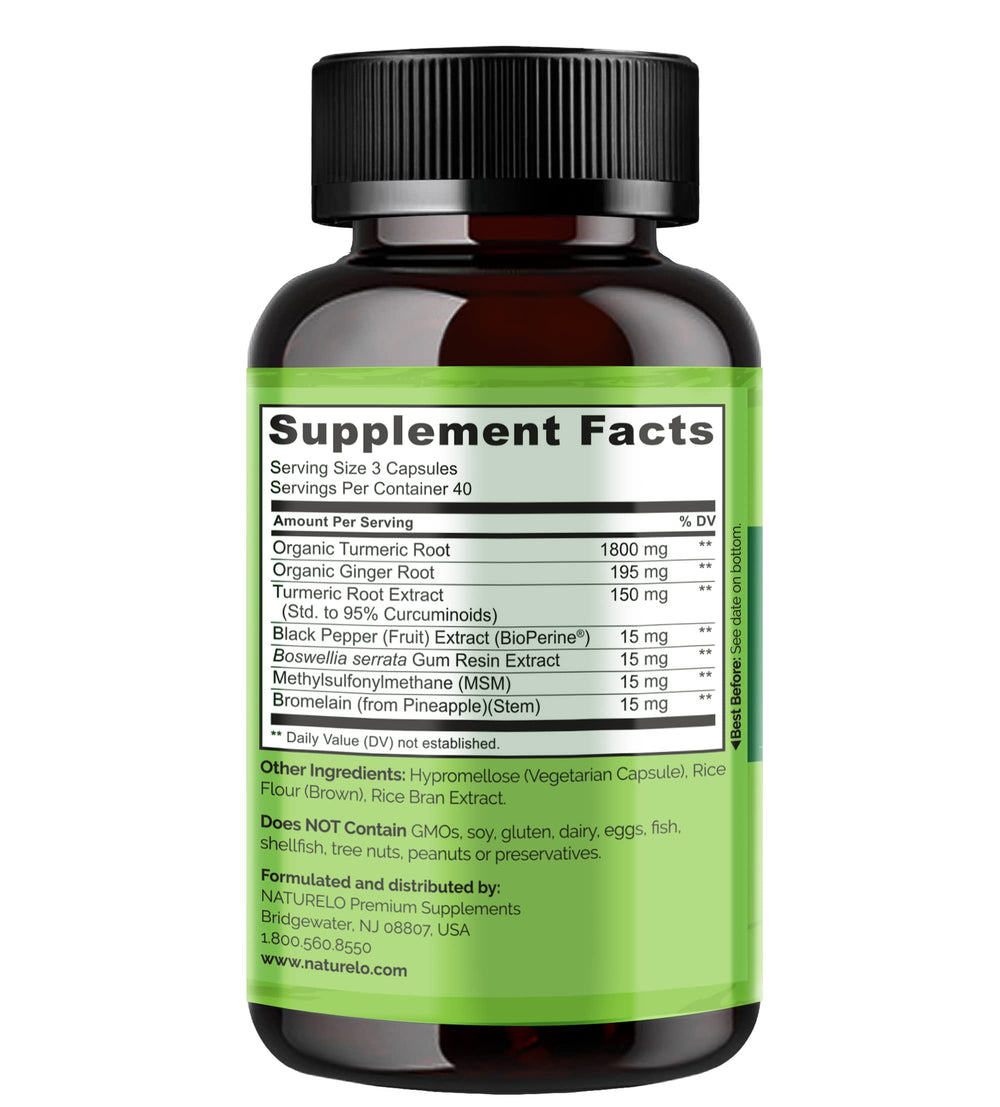 Naturelo turmeric curcumin bottle with scoop indicating easy daily dosing