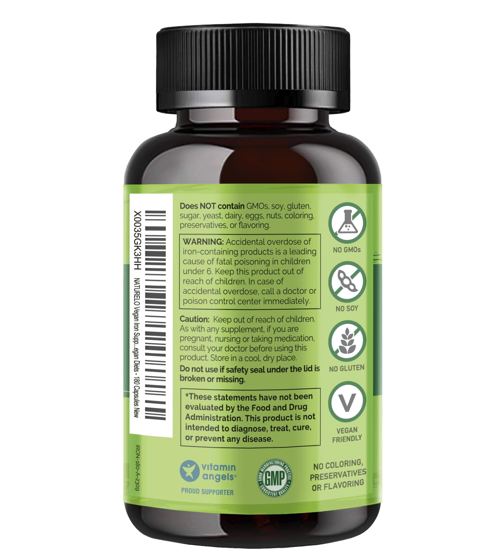 Naturelo Vegan Iron nutrition facts panel with 25 mg per capsule