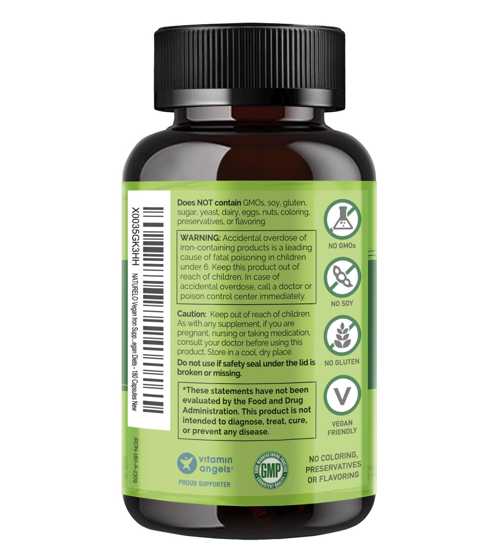 Naturelo Vegan Iron nutrition facts panel with 25 mg per capsule
