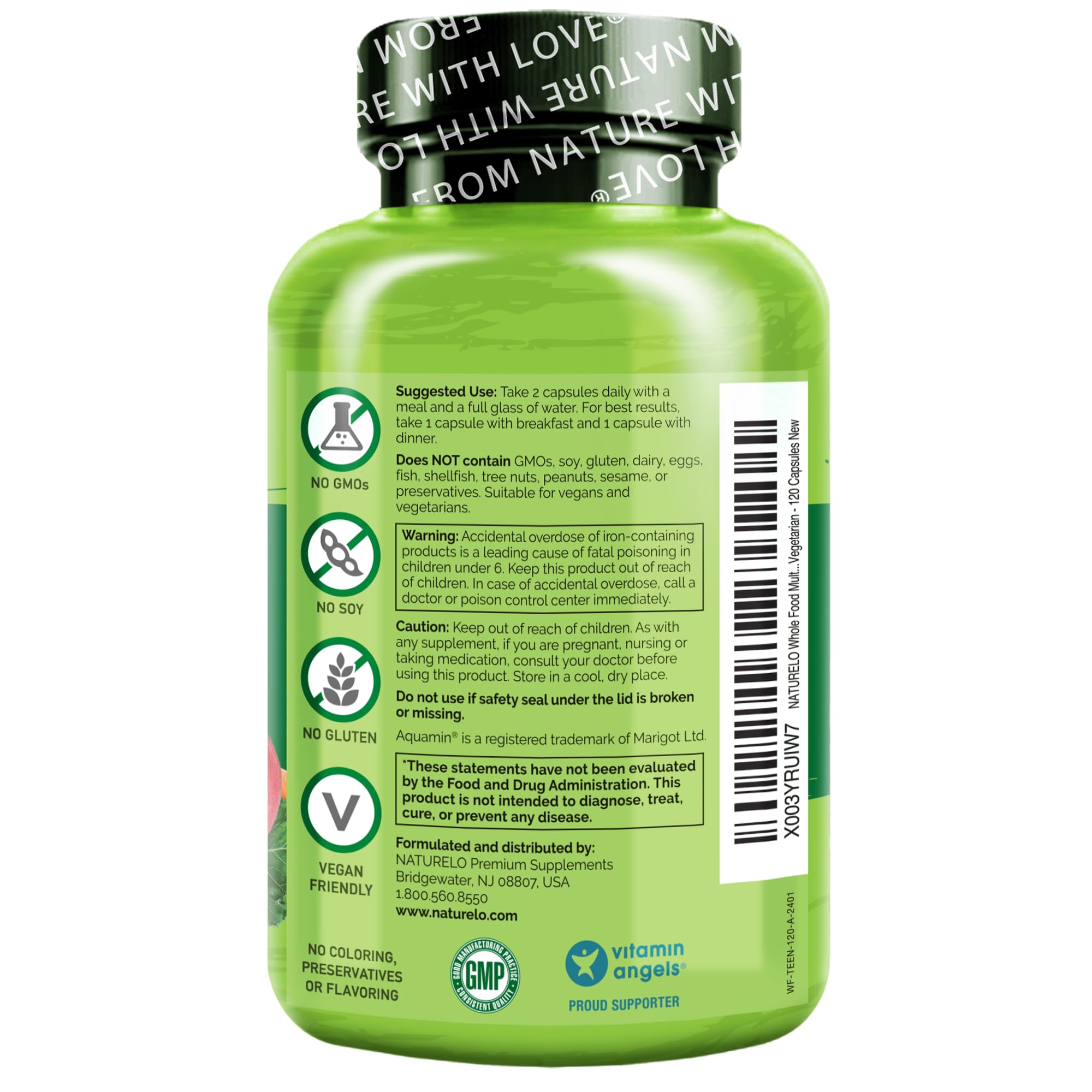 Clean-label packaging of Naturelo teen multivitamin, vegan and non-GMO