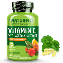 NATURELO Vitamin C acerola bottle highlights plant-based vitamin C for immune support.