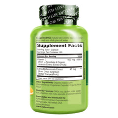NATURELO Vitamin C capsules closeup emphasizes vegan, plant-based formula.