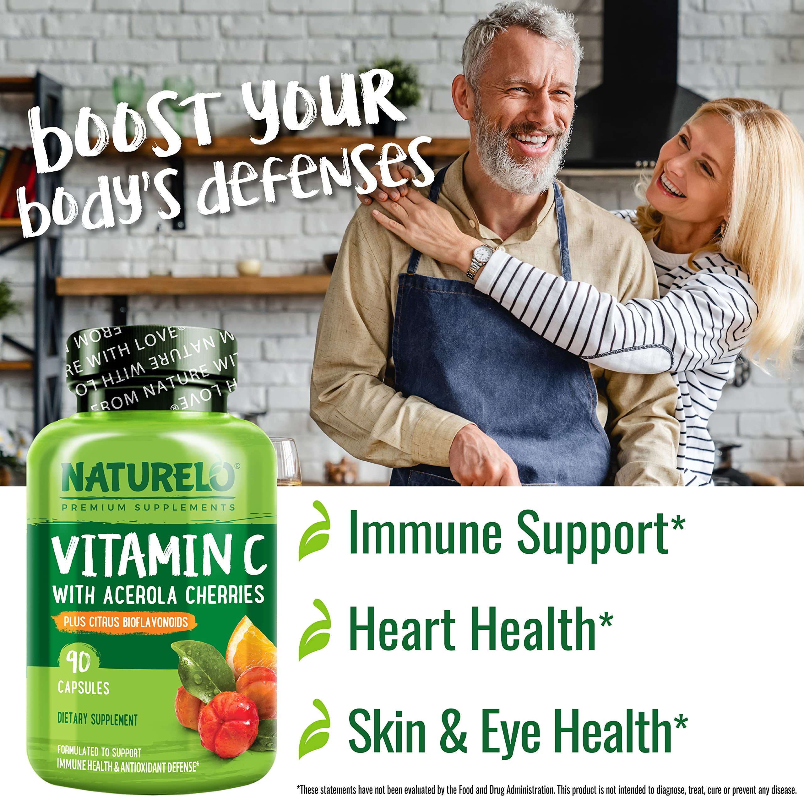 NATURELO ingredients panel highlights acerola extract and citrus bioflavonoids.