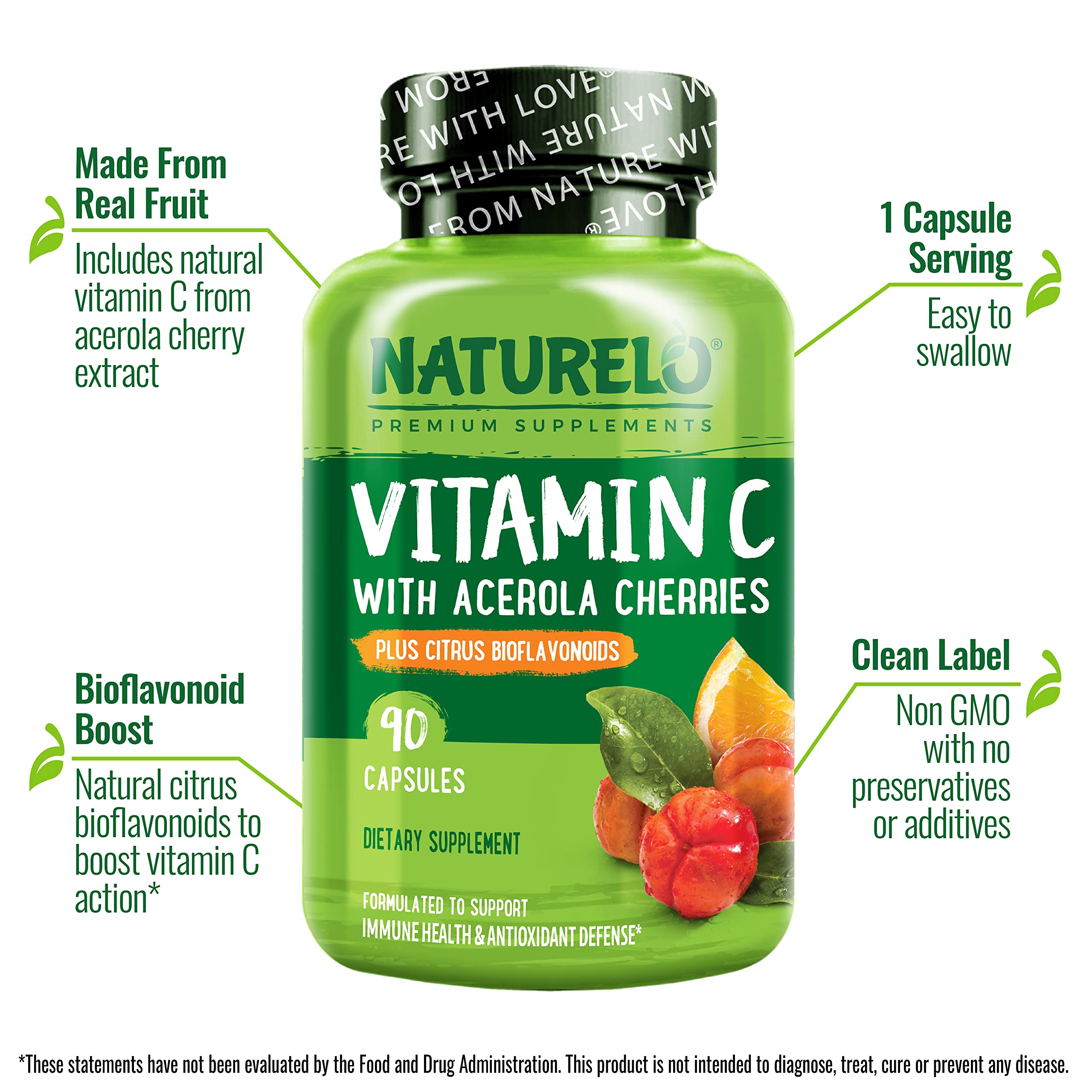 NATURELO Vitamin C label design showcases clean, GMO-free ingredients.