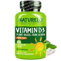 Naturelo Vitamin D-5000 IU bottle supports immune function and bone health with vegan D3