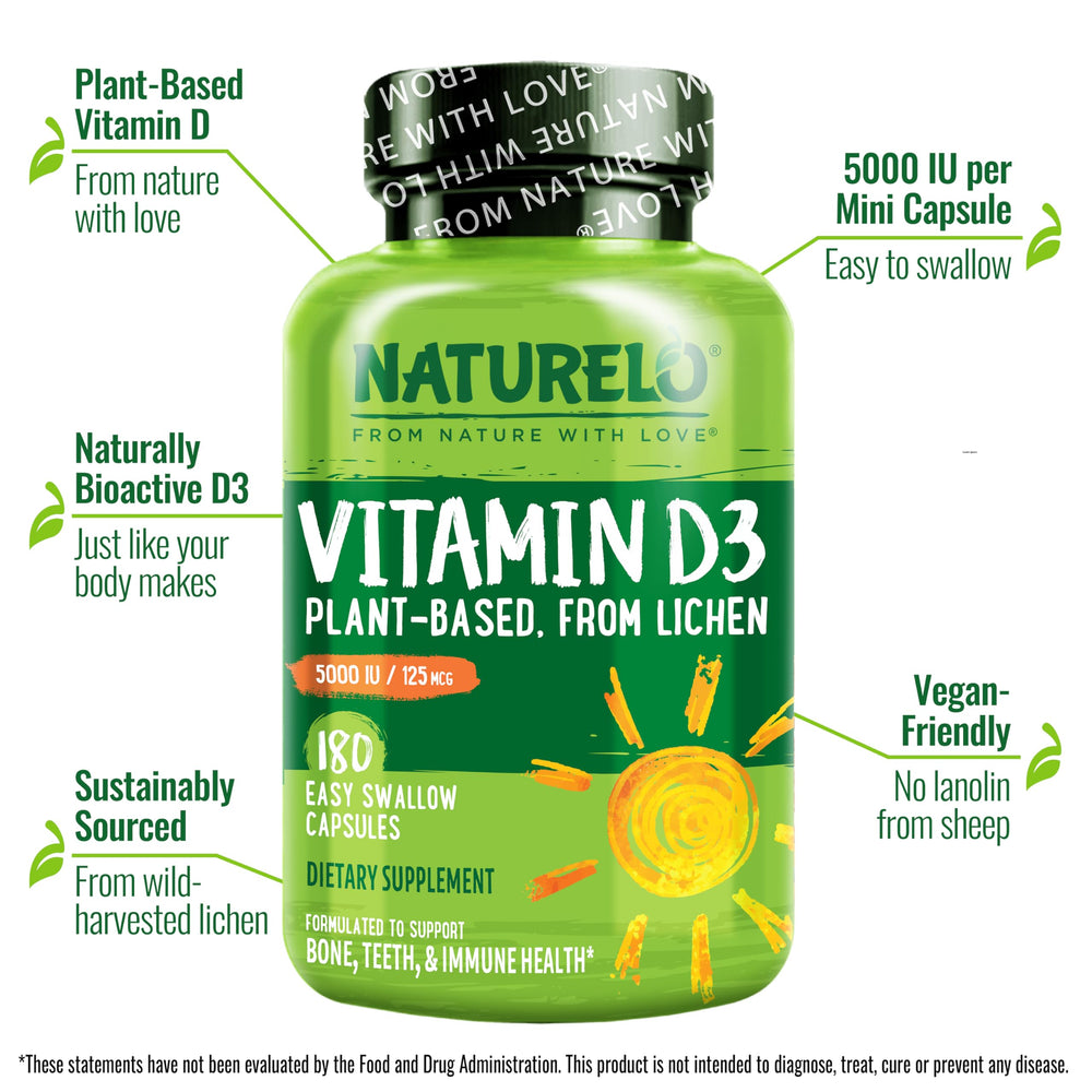 Close-up of Naturelo D3 capsules shows vegan non-GMO formula for daily wellness