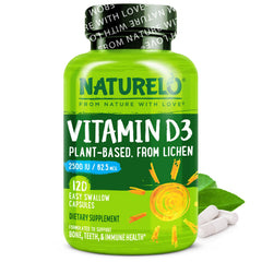 Naturelo Vitamin D3 bottle highlighting plant-based lichen formula for immune support.