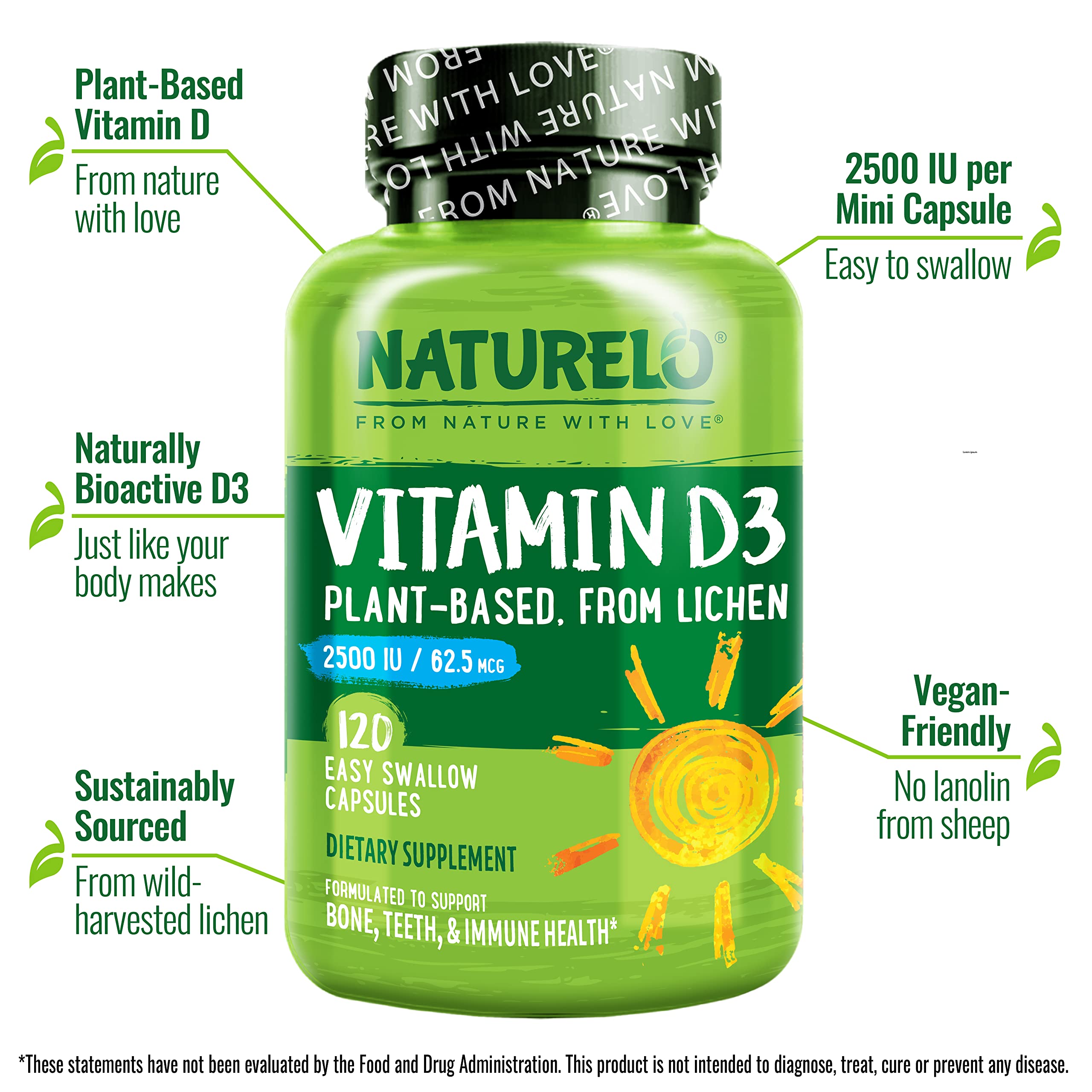 Naturelo Vitamin D3 vegan label emphasizes lichen-sourced, non-GMO D3.