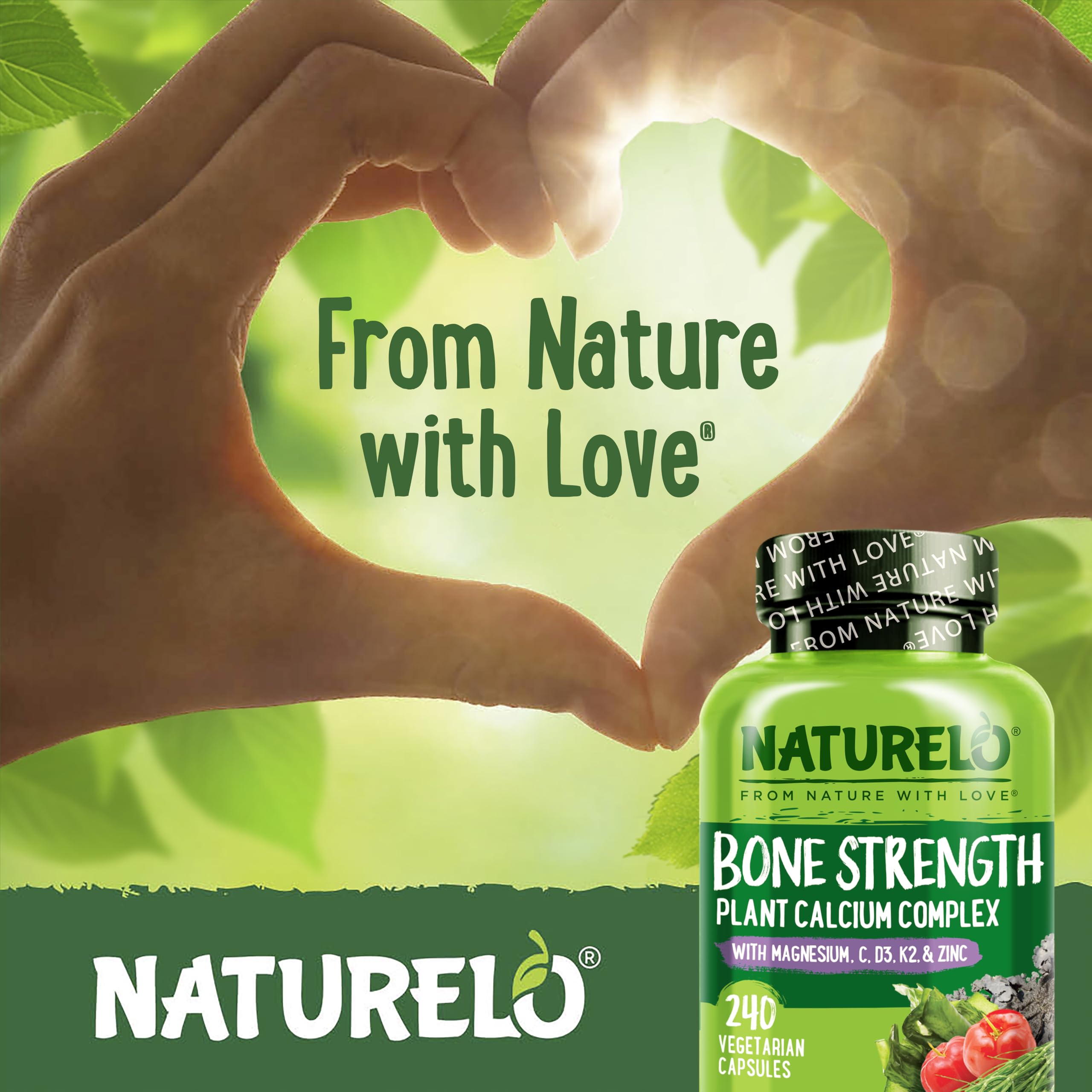 NATURELO gluten-free non-GMO label on bottle communicates allergy-friendly formula.