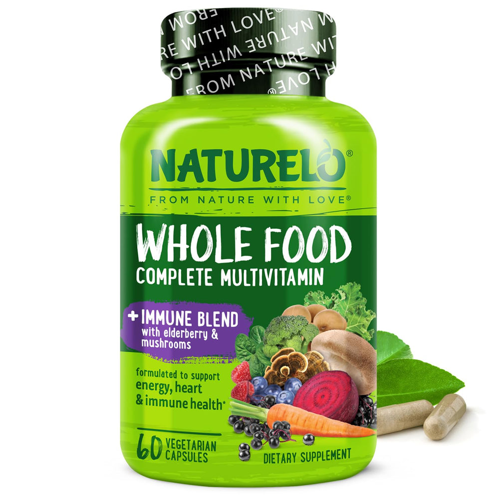 Naturelo Whole Food Multivitamin immune bottle shows vegan capsules for daily immune support