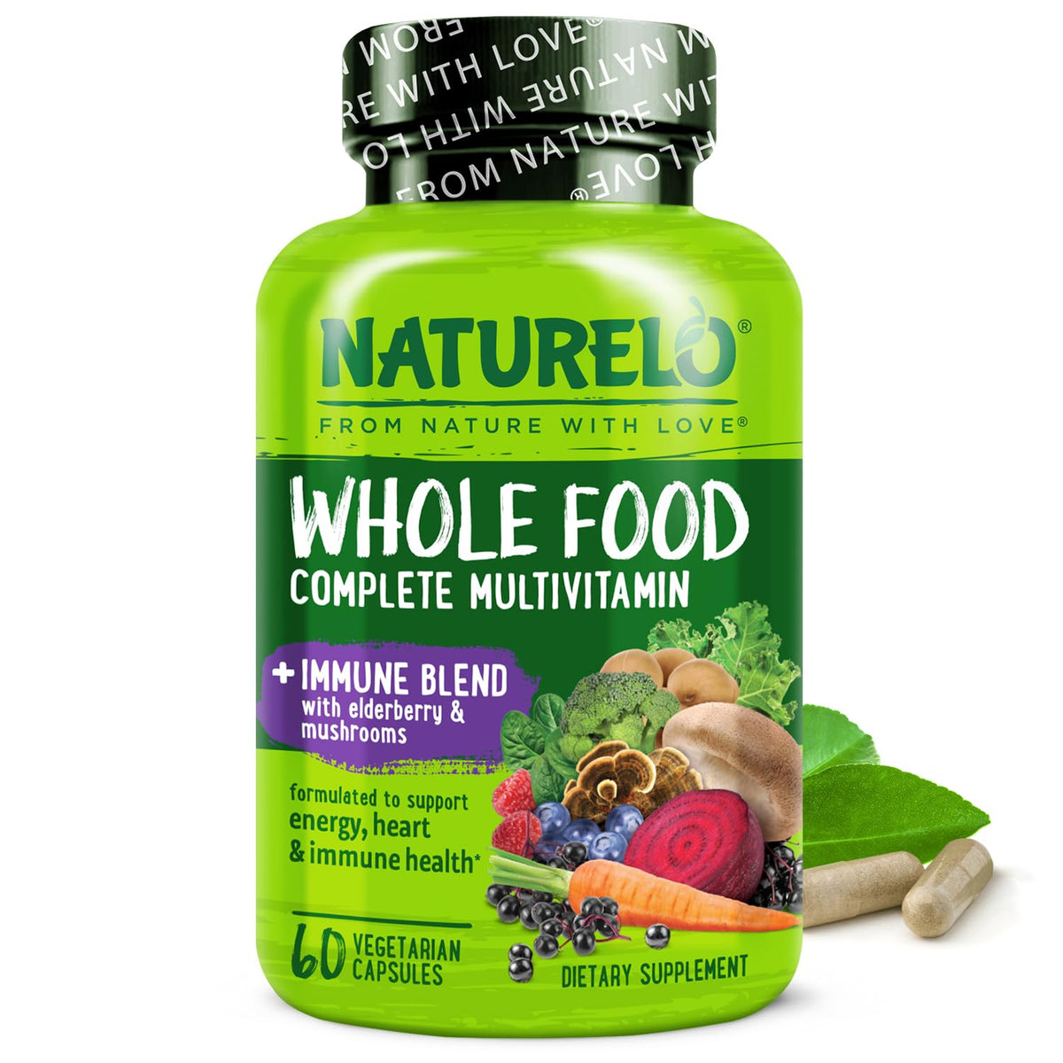 Naturelo Whole Food Multivitamin immune bottle shows vegan capsules for daily immune support
