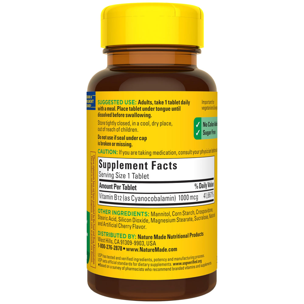 Nature Made B12 1000 mcg sublingual tablets bottle in travel-friendly setting.