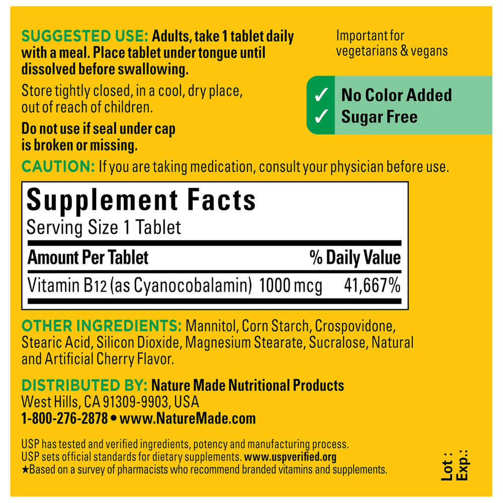 Nature Made B12 1000 mcg sublingual tablets mood-support concept highlight.