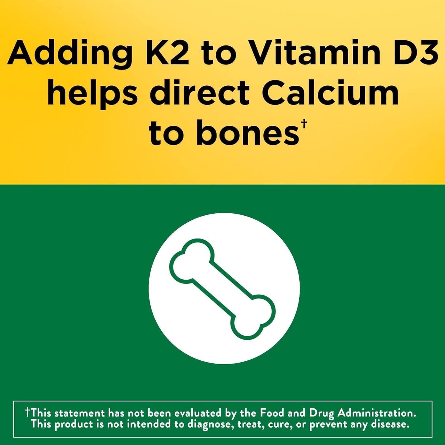 Nature Made D3 K2 softgels in bottle highlighting calcium directed to bones.