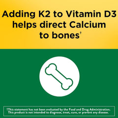 Nature Made D3 K2 softgels in bottle highlighting calcium directed to bones.